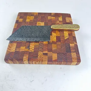 WHITEKNUCKLER END-GRAIN CUTTING BOARD & DAMASCUS CLEAVER WITH ENGRAVED BRASS HANDLES