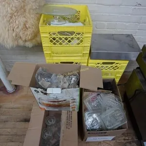 assorted vases, glasses, plates, insert lids, etc.
