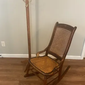 Victorian-Style Cane Rocking Chair & Wooden Coat Rack