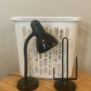 Black Desk Lamp, Paper Towel Holder & Laundry Basket