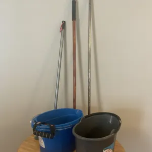 Household Utility Lot – Brooms, Buckets, Exercise Band & Walking Stick