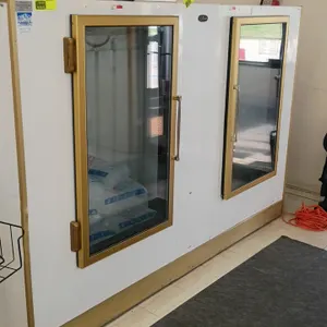 Arctic double-door ice merchandiser freezer. Features two glass doors with gold-tone frames, top-mounted self-contained refrigeration system with illu