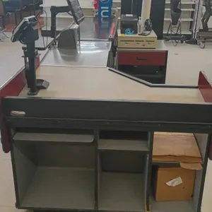 Load King single belt checkout lane with NCR POS system. Includes touchscreen POS terminal, integrated scanner scale, Epson receipt printer, Acer disp