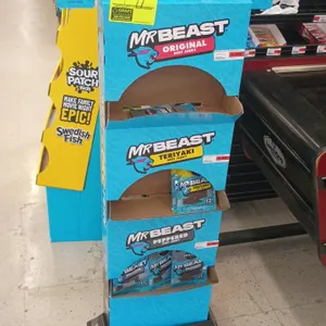 Jack Link's MrBeast cardboard retail floor display rack. Features multi-tier product bins and branded top header graphic. Includes remaining assorted 