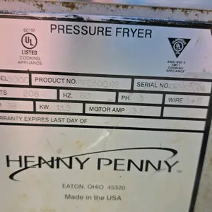 Henny Penny 500C electric pressure fryer. Features stainless steel construction, digital control panel, locking lid assembly, and built-in filtration 