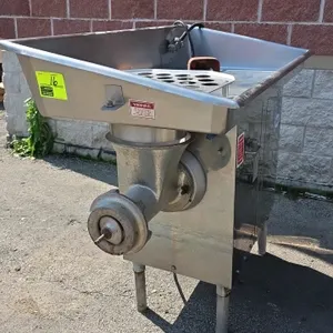 Biro 548 commercial meat grinder. Features stainless steel hopper with safety feed guard, 5 HP motor, foot switch, and side ON/OFF control lever. S/N: