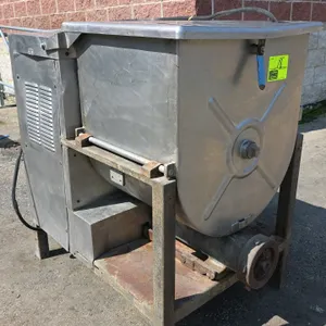Hollymatic 180 commercial mixer grinder. Features a stainless steel mixing tub with top lid, internal mixing paddles, and bottom grinder attachment. S