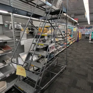 Rolling metal stock ladder. Features perforated non-slip steps, dual handrails, and a top platform with safety guardrails. 90"H platform height, 132" 