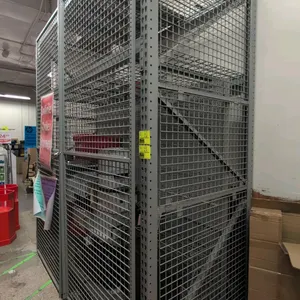 8'L section of Madix metal teardrop pallet racking security cage. Features 3.5" crossbars, wire mesh decking, wire mesh security panels, and double wi