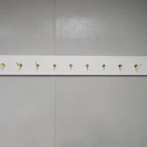 Wall-mounted coat rack. Features a white backboard with (12) brass-tone dual coat hooks. 6'L.