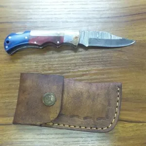 Custom Damascus Folding Pocket Knife & Sheath