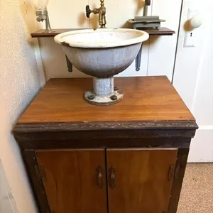 Vintage Porcelain Enamel Sink Mounted to Wood