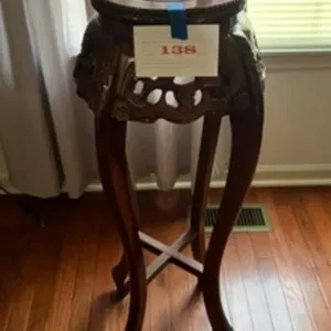 Antique Brown Wood Marble Top Plant Stand