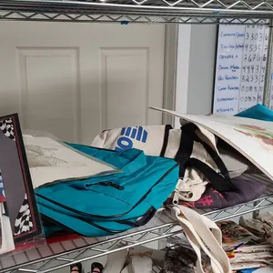 Art Prints, Mixed Fabric Tote Bags, Blue Organizer, and Metal Cash Box Collection Lot Shelf
