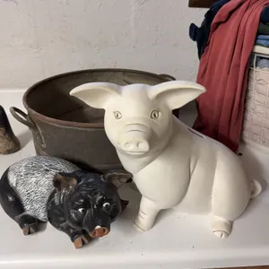 Pig Figurines / Banks & Vintage Galvanized Tub