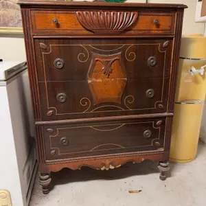 Antique Art Deco / Depression-Era Highboy Dresser with Inlay & Carved Detail