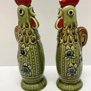 Tall Ceramic Rooster Salt and Pepper Shakers with Hand-Painted Green Floral