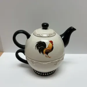Cracker Barrel Ceramic Teapot and Cup Set With Rooster Design, Black Handles Stackable