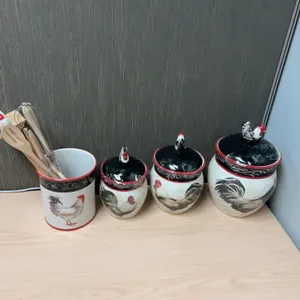 Cracker Barrel Rooster Canister Set With Utensil Holder and Wooden Utensils, Ceramic