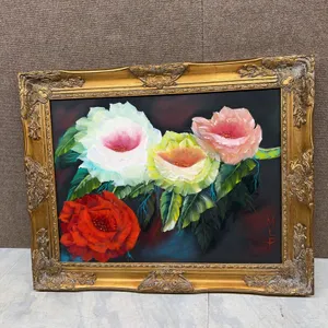 Floral Oil Painting Signed MLP, Gilt Ornate Frame, Four Blossoms on Dark Background
