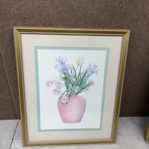 Framed Floral Art Print Signed "Langston" With Lilacs and Tulips in Pink Vase