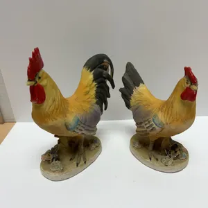 Napco Ceramics Japan Rooster and Hen Figurine Pair, Hand Painted, D-3821 Marked Base, Circa Mid 20th