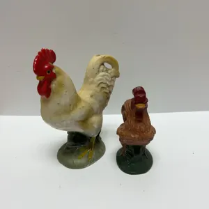Hand-Painted Ceramic Rooster abd hen figurines Marked Base, c. 20th Century