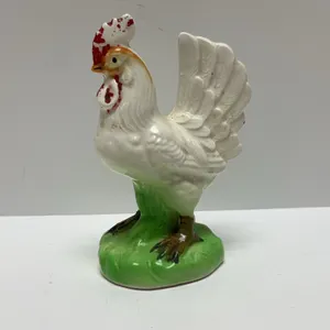 Ceramic Chicken Figurine with Green Base, Marked Japan, Hand Painted Collectible Statue