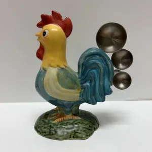 Ceramic Rooster Figurine with Metal Measuring Spoons Tail, Hand-Painted Kitchen Decor