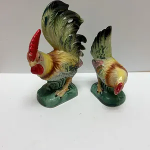 Hand-Painted Ceramic Rooster and Hen Figurines