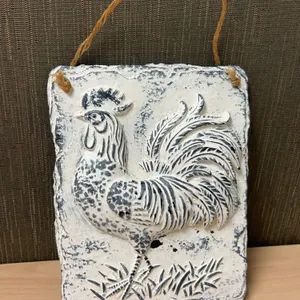 Rustic Rooster Wall Plaque Embossed Relief Decor With Twine Hanger