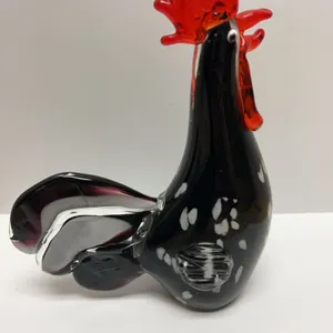 Murano Style Hand-Blown Art Glass Rooster Figurine With Red Comb and Black, White, and Clear Accents