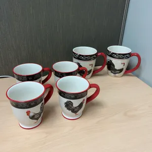 6 Cracker Barrel Old Country Store Day Break Rooster Mugs by Susan Winget, Red Trim, 12 oz Each