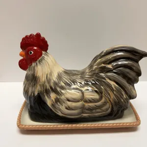 Cracker Barrel Ceramic Rooster Covered Dish With Tray