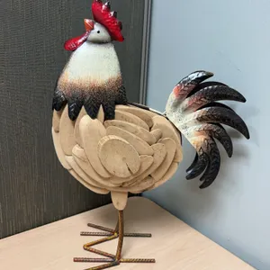 Handcrafted Mixed Media Rooster Sculpture with Wood and Metal, 14-Inch Tall Folk Art Decor Piece, US