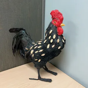Folk Art Rooster Sculpture With Natural Materials Black Red Polka Dot Accents