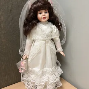 Porcelain Bride Doll in White Satin and Lace Dress with Veil