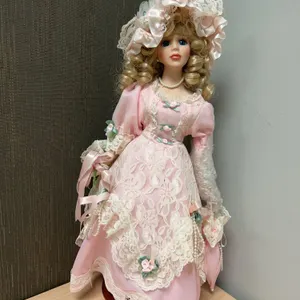 Porcelain Victorian-Style Doll in Pink Lace Dress With Bonnet