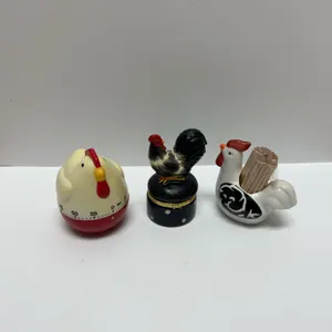 Three-Piece Chicken and Rooster Kitchen Collection: Timer, Limoges-Style Box, Toothpick Holder Ceram