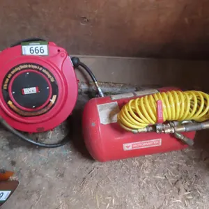 Lot - Champion 50' Air Hose / Reel, Motomaster Air Tank *Located at Spruce Grove location.