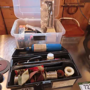 Lot - Assorted Tool Box w/ Soldering Supplies, Rivit gun, Screws *Located at Spruce Grove location.