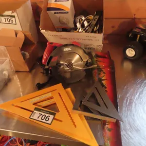 Lot - Skil Saw, Painted Handsaw, Assorted Tools, Squares *Located at Spruce Grove location.