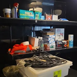Quantity of remaining contents, Poly storage bins, electrical cords, hand sanitizer, and more
