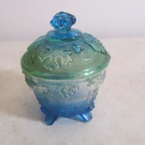 Green/Blue Cut Glass Candy Dish w/Lid