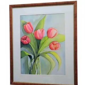 XL Framed Watercolour Painting of Tulips, Signed