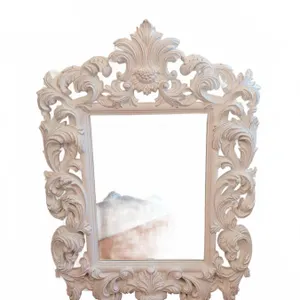White Ornate Carved Wall Mirror, 47 Inches Tall