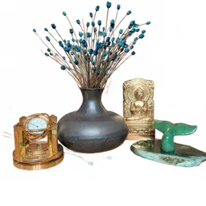 Clay Vase w/ Peacock Foliage Boat Compass Clock Stone Whale Tail, Brass Buddha