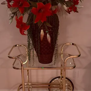 Gold-Tone Metal and Glass Two-Tier Bar Cart with Large Vase and Artificial Flowers