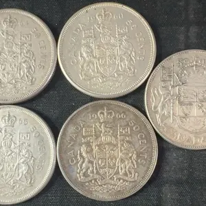 5 Canadian .800 Silver Half-Dollars, 58g Total