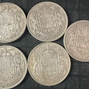 5 Canadian 50 Cent .800 Silver Coins, 1919-1936, 58g